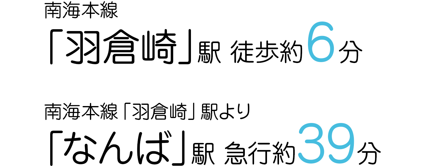 何回本線「羽倉崎」駅まで徒歩約6分　南海本線「羽倉崎」駅より「なんば」駅まで急行約39分