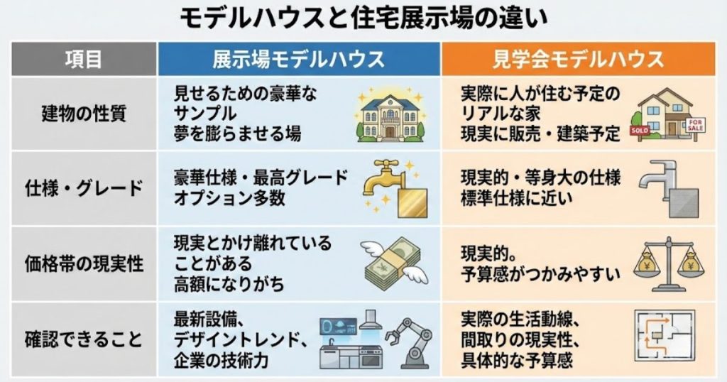 比較表形式：「展示場モデルハウス」と「見学会モデルハウス」の違い）