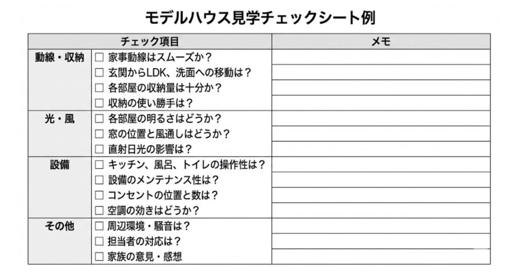 ※ここに図解を挿入：「モデルハウス見学チェックシート例（項目一覧表）」