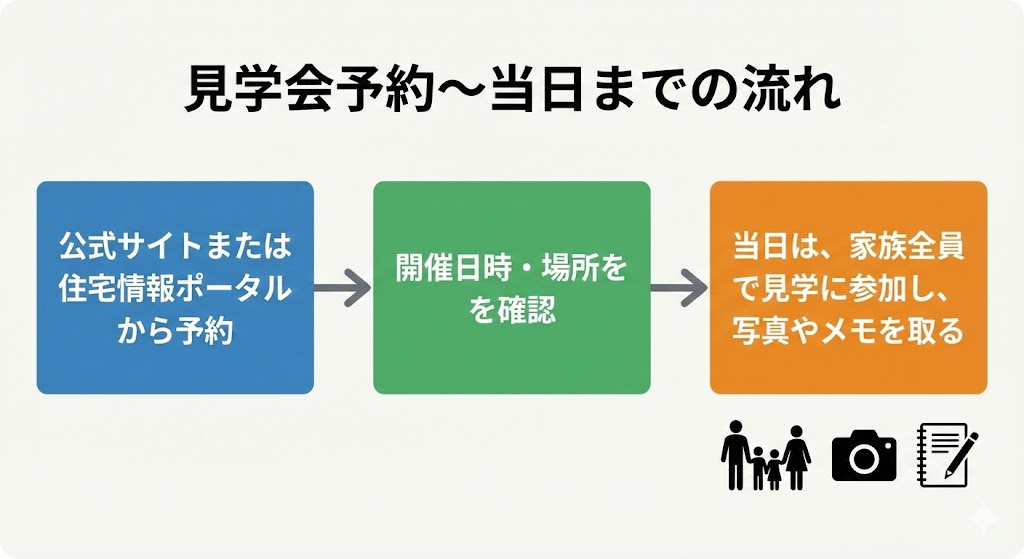 「見学会予約〜当日までの流れ」フローチャート