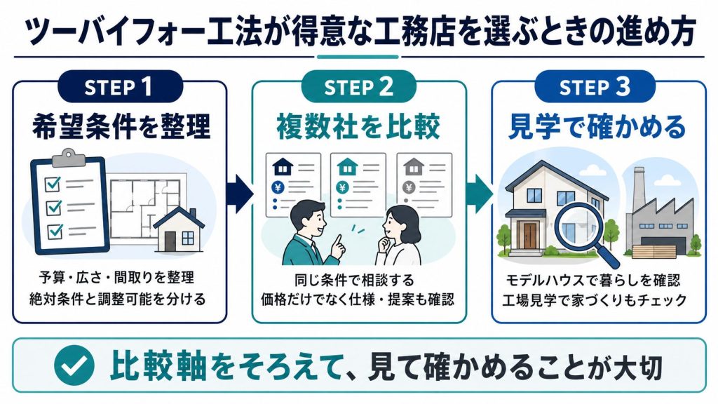 ツーバイフォー工法が得意な工務店を選ぶときの進め方