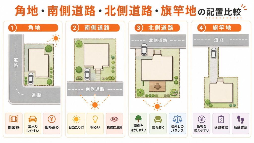 角地・南側道路・北側道路・旗竿地の配置比較