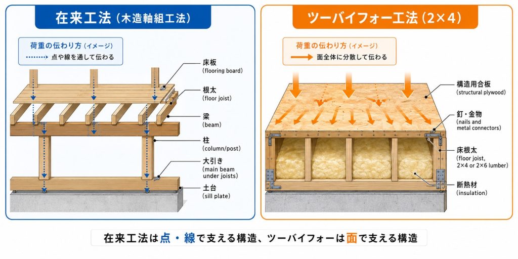 在来工法とツーバイフォー工法の床構造比較図