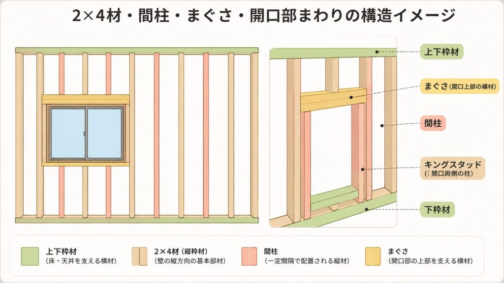 ２×４材・間柱・まぐさ・開口部まわりの構造イメージ