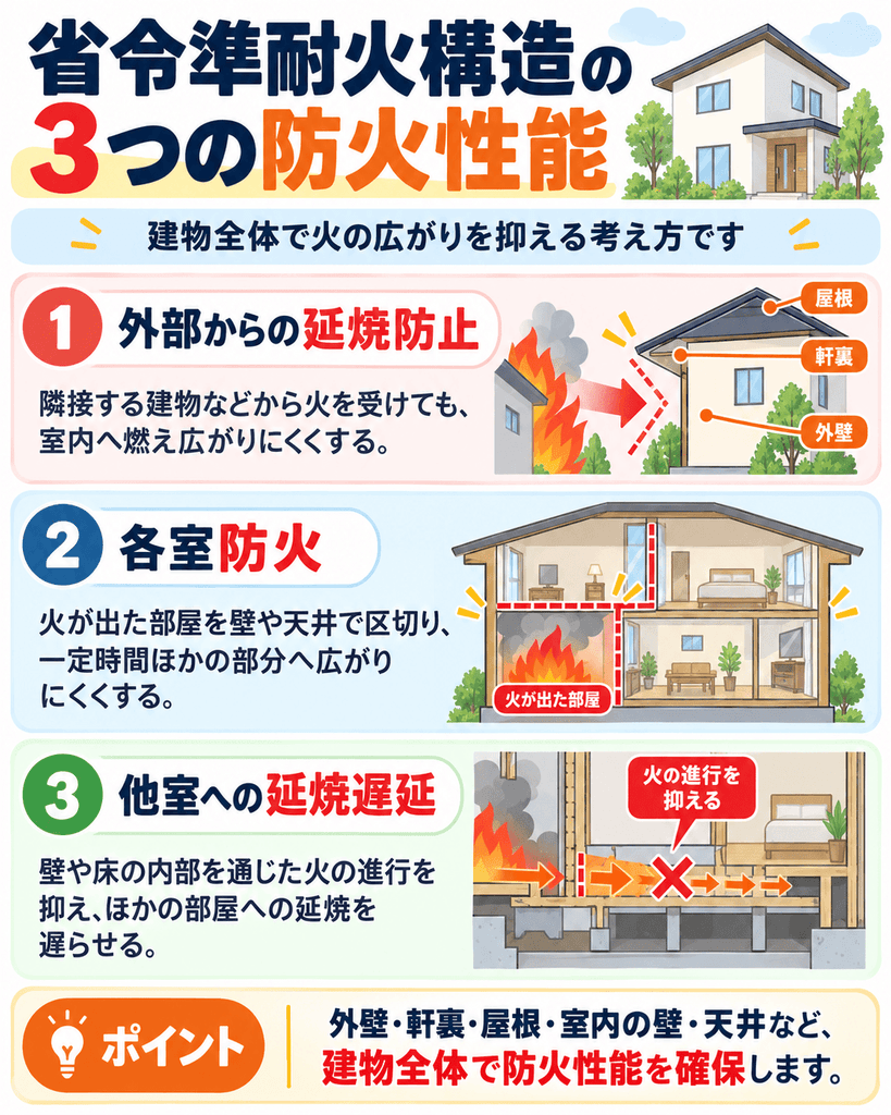 省令準耐火構造の3つの防火性能の図解