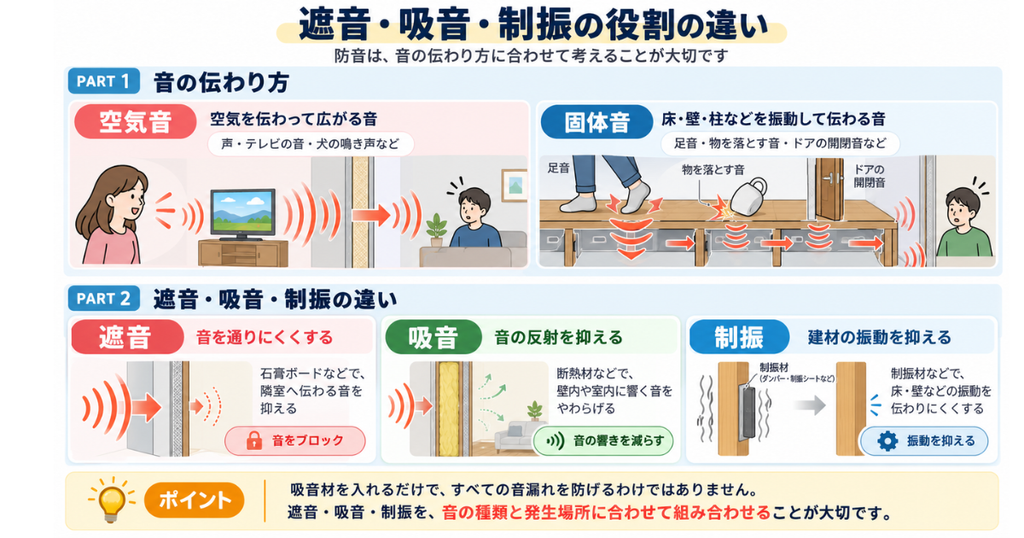 遮音・吸音・制振の役割の違いの図解
