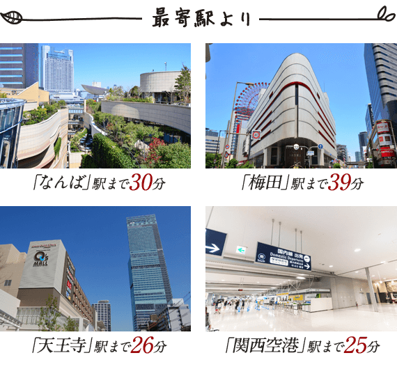 「なんば」駅まで30分　「梅田」駅まで39分　「天王寺」駅まで26分　「関西空港」駅まで25分