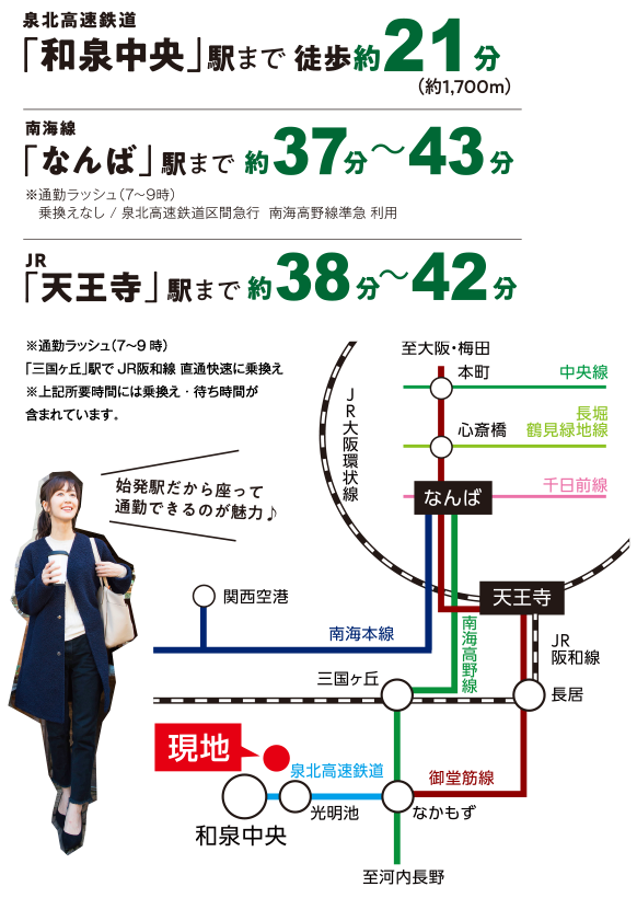 泉北高速鉄道「和泉中央」駅まで徒歩約21分　南海線「なんば」駅まで約37分～43分　JR「天王寺」駅まで約38分～42分