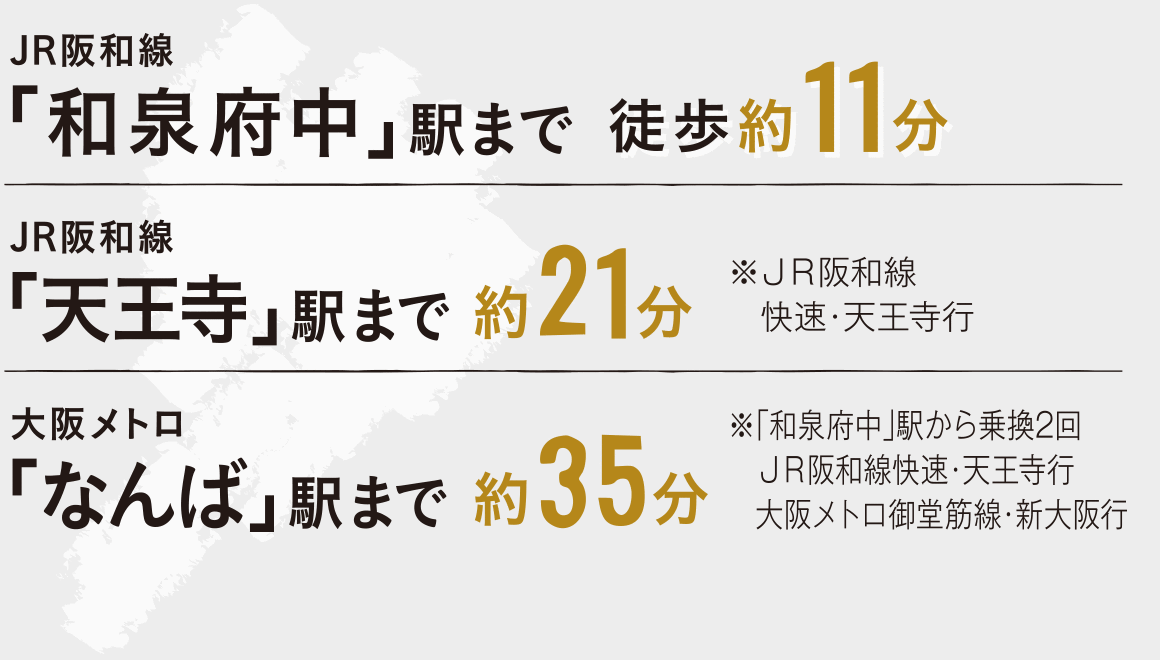 JR阪和線「和泉府中」駅まで徒歩約11分　JR阪和線「天王寺」駅まで約21分　大阪メトロ「なんば」駅まで約35分