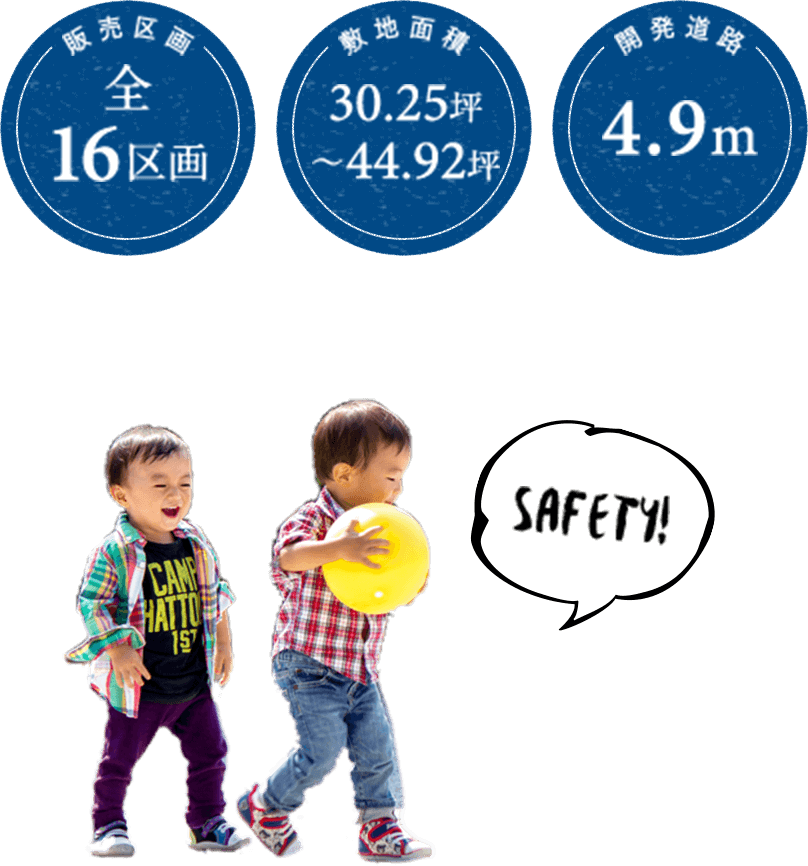 販売区画全16区画　敷地面積30.25坪～44.92坪　開発道路4.9m