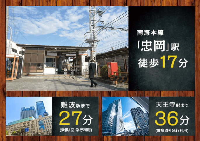 南海本線「忠岡」駅　徒歩17分、難波駅まで27分、天王寺駅まで36分