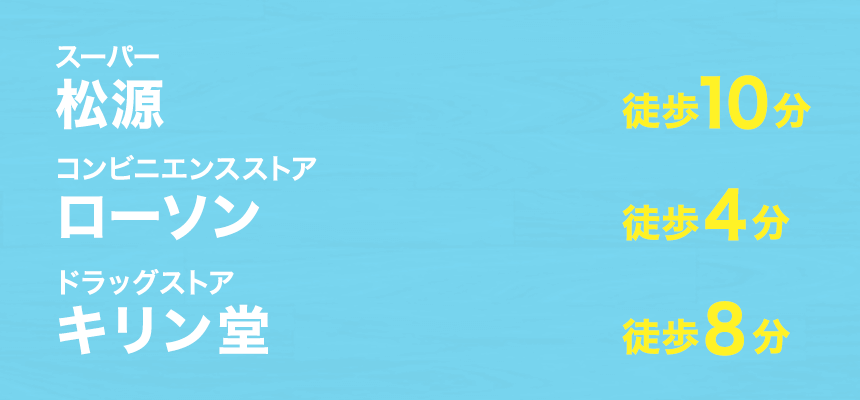 松源　徒歩10分、ローソン　徒歩4分、MEGAドン・キホーテ　徒歩19分