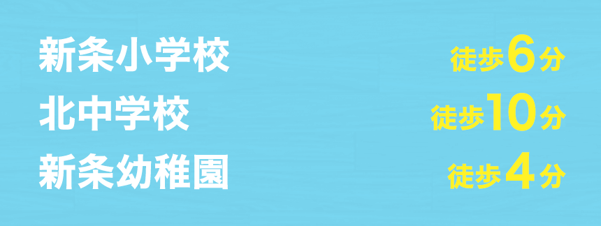 新条小学校　徒歩6分、北中学校　徒歩10分、新条幼稚園　徒歩4分