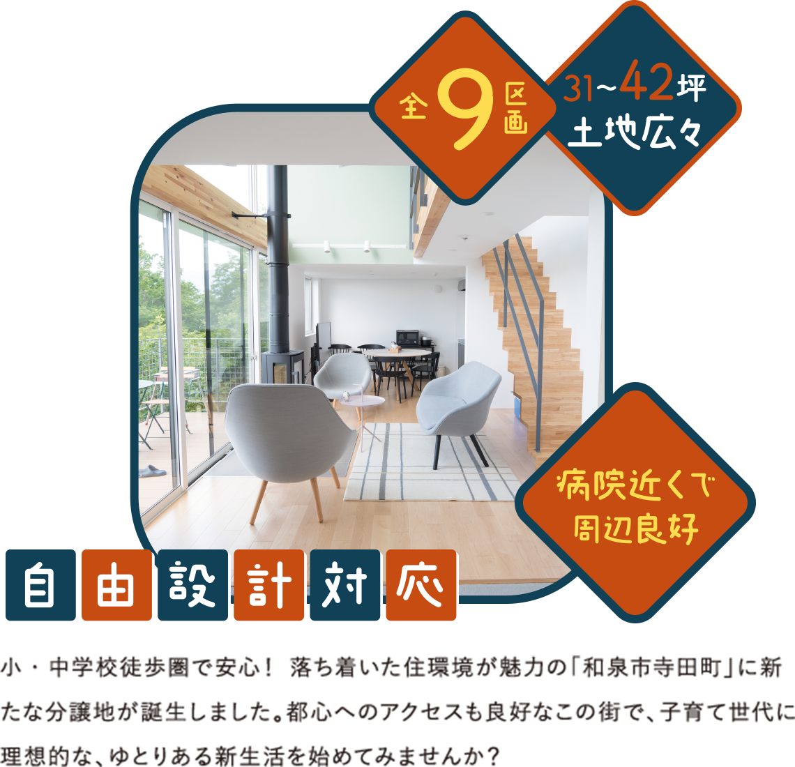 全9区画31～42坪土地広々　自由設計対応　病院近くで周辺良好